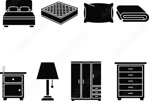 Black of bedroom furniture including bed mattress pillow blanket nightstand lamp wardrobe and dresser