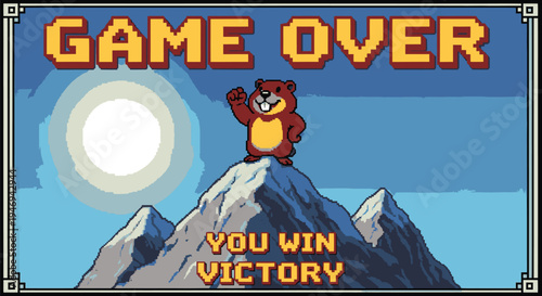 Victory Screen with Bear on Mountain Peak.