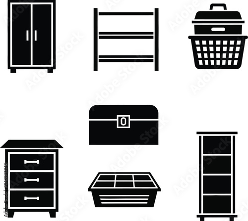 Black of furniture and storage on white background wardrobe shelf basket chest drawers