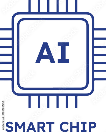 Ai smart chip microprocessor icon with blue lines and text on transparent background