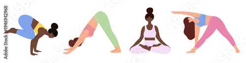 Set of diverse women practicing yoga. Collection of female characters in Crow, Downward Dog, Lotus and Triangle poses. Morning exercise and wellness workout