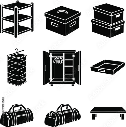Black of storage furniture and containers including shelves boxes wardrobe duffel bags and tray organization