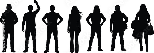 Set of black people silhouettes in various poses including standing with hands on hips, raising a fist, and carrying bags.