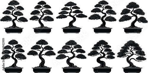 Black Silhouette Collection of Various Bonsai Trees in Traditional Japanese Pots Isolated on White Background for Zen Garden Design Oriental Art and Miniature Nature