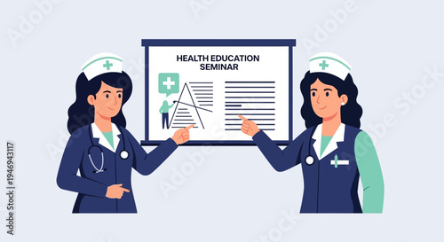 Nurses Present Healthcare Education Seminar In Modern Illustration Design