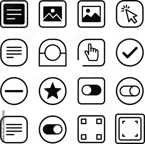 Collection of black and white interface including text list gallery cursor checkmark minus star toggle switch and expand