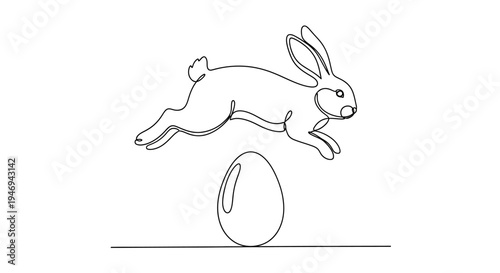 Continuous line drawing of a rabbit jumping over an egg, Easter concept