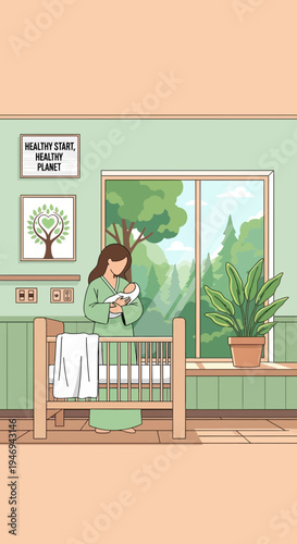 Nurturing New Life: A Gentle Mother's Embrace and Hopeful Environmental Conscience Illustrated