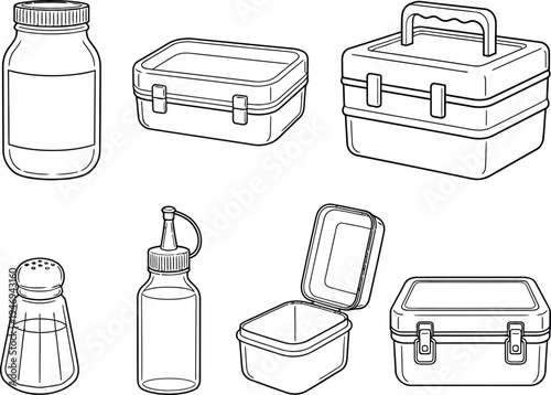 Collection of black and white line of food containers and kitchenware line black and white lunch box