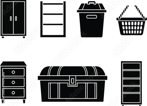 Collection of black and white of furniture and storage wardrobe cabinet shelf shelving unit trash can