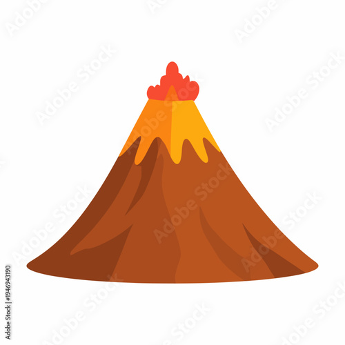Dynamic cartoon illustration of a volcanic eruption with flowing lava and billowing smoke, seen from a frontal perspective of a towering cone on a plain backdrop, action-packed scene