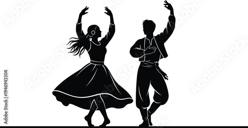 Black silhouette of a couple performing traditional folk dance featuring a woman in a swirling skirt and a man in ethnic costume vector.