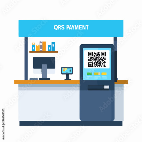 Digital illustration showing a sleek blue payment kiosk on a light‑brown counter, scanning QRcode with a bright screen, buttons, and surrounding retail devices from a frontal perspective