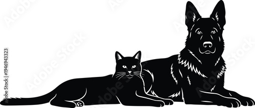 Black silhouette of a German Shepherd dog and a domestic cat lying together in a friendly pose isolated on white background for pet design