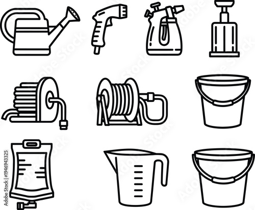 Collection of black line for gardening and cleaning tools watering can spray gun steam cleaner pump hose reel