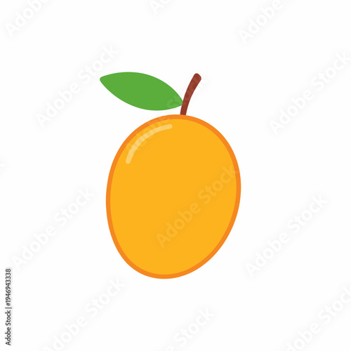 Cheerful cartoon illustration of a vibrant orange fruit with green leaf and brown stem on a plain white background, viewed from a frontal perspective