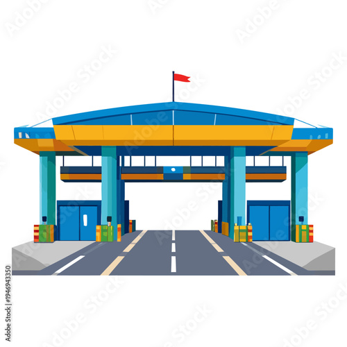 Cartoon illustration of a toll booth on a road, viewed straight on, showing blue roof, teal pillars, red flag and bright yellow overhangs against a clean white backdrop