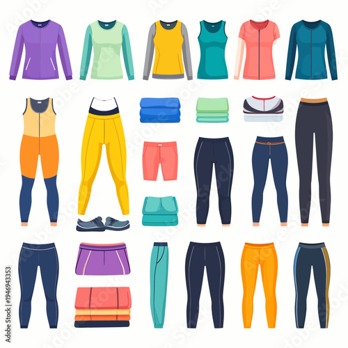Dynamic showcase of colorful athleticwear items arranged in rows on a pristine white studio floor, captured from a straight‑on viewpoint, emphasizing energy and diversity in a catalog.