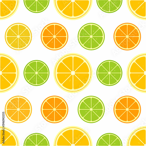 A vibrant overhead view of a colorful citrus fruit slice pattern arranged on a clean white background, showcasing orange, lemon, and lime slices in a repeating decorative illustration design.