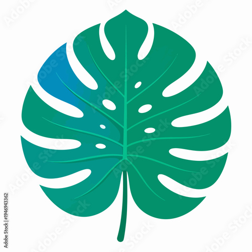 Close-up illustration of a vibrant Monstera leaf with gradient shading, blue accent, natural holes and slender stem, captured from a top-down artistic viewpoint in a clean white studio setting