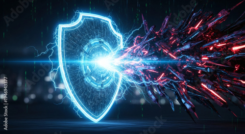Conceptual digital shield actively defending against a barrage of cyber threats, symbolizing data protection and network security in a technological landscape