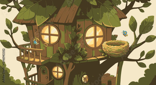 Whimsical Treehouse with Wooden Structure and Leaves.