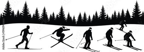 Black silhouette of professional skiers and cross country athletes performing various stunts and downhill racing against a dense pine forest winter mountain landscape background