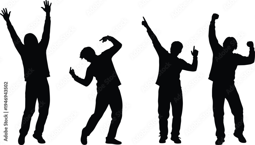Fototapeta premium Set of four expressive black male silhouettes dancing and celebrating with raised arms and joyful poses for party and music concepts.