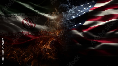 Flags ablaze: capturing conflict's essence. Opulent look. The blaze between iran and usa flags. Glam lookbook. High-class shoot.
