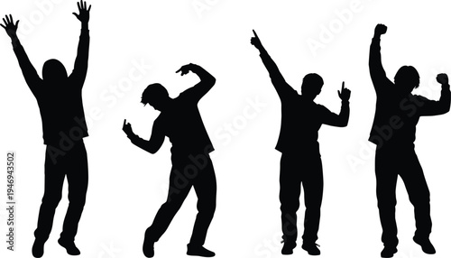 Set of four expressive black male silhouettes dancing and celebrating with raised arms and joyful poses for party and music concepts.