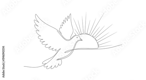 Dove Flying Towards Sunrise, Single Line Art Style