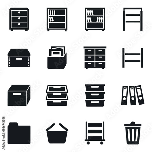 Collection of black storage and organization on white background furniture bookshelf 1 cabinet