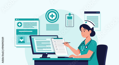 Online Healthcare Illustration Depicting Medical Personnel And Electronic Health Records