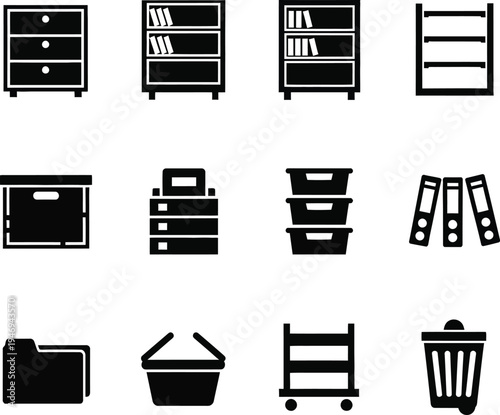 Collection of black storage and organization on white background furniture bookshelf cabinet