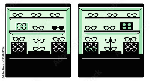 Optical Shop Display: A Contemporary and Stylized Illustration of Eyeglasses and Sunglasses