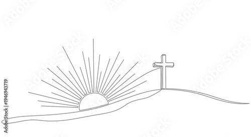 Christian Cross Silhouette on Hilltop Sunrise Line Art