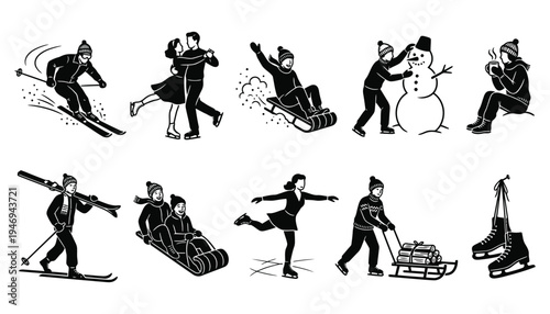 Winter outdoor activity icons and characters in black and white retro style