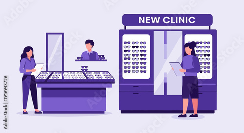 Optician Clinic: Contemporary Illustration Of A New Clinic And Spectacle Display
