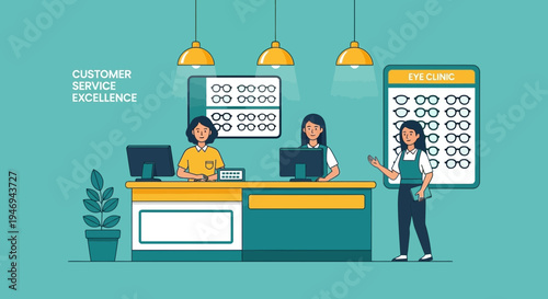 Optician Clinic Illustrative Image Showcasing Eye Care Professionals and Spectacles Selection