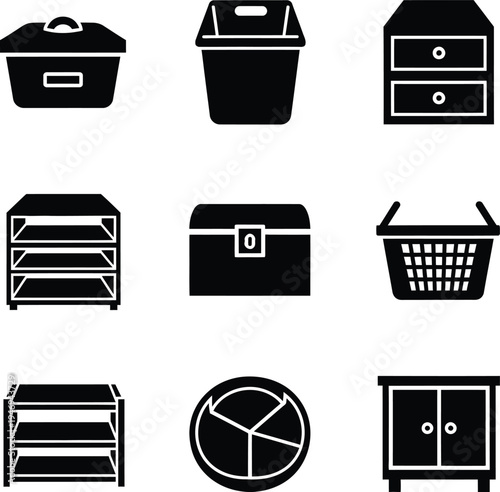 Collection of nine black storage and organization on white background basket chest