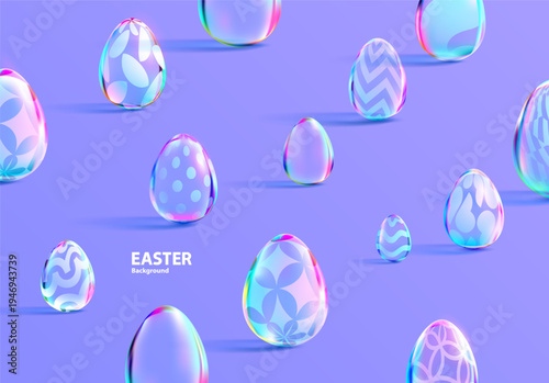 Glass Easter eggs on a bright blue table. Festive bright background.