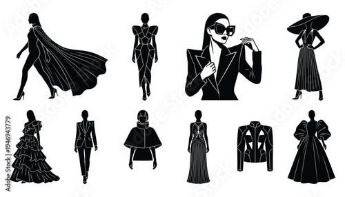 Fashion silhouettes of elegant women in diverse high fashion outfits and stylish apparel