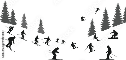Black Silhouette Vector of Skier and Snowboarder Characters Downhill Skiing and Jumping on Snowy Mountain Slope with Pine Trees Isolated on White Background