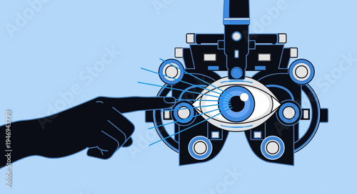 Optometric Exam Illustrated, Showing An Eye Examined Via Phoropter Device, Clinical Concept