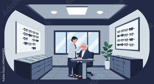 Optometrist Assisting Elderly Patient With Glasses Selection In a Modern Clinic Setting