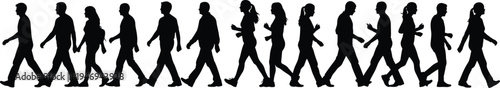 Black Silhouette Vector Set of Diverse Men and Women Walking in a Row in Profile View Isolated on White Background for Design Projects