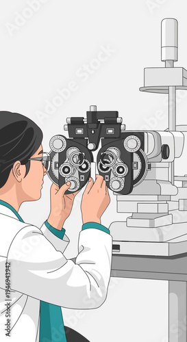 Optometrist Conducting Eye Exam Using Modern Equipment for Vision Assessment and Eyecare