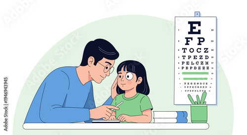 Optometrist Assisting Young Patient With Eye Examination On Vision Chart in Clinic Setting