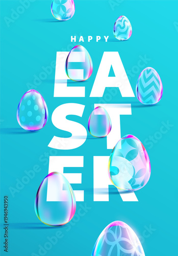Happy Easter greeting card design with 3D glass eggs and white inscription in perspective. Festive vector banner.