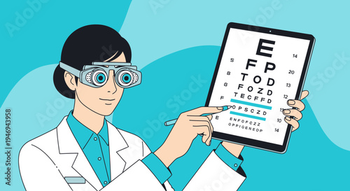 Optometrist Conducting Eye Exam, Using a Tablet with a Vision Chart to Check Eyesight